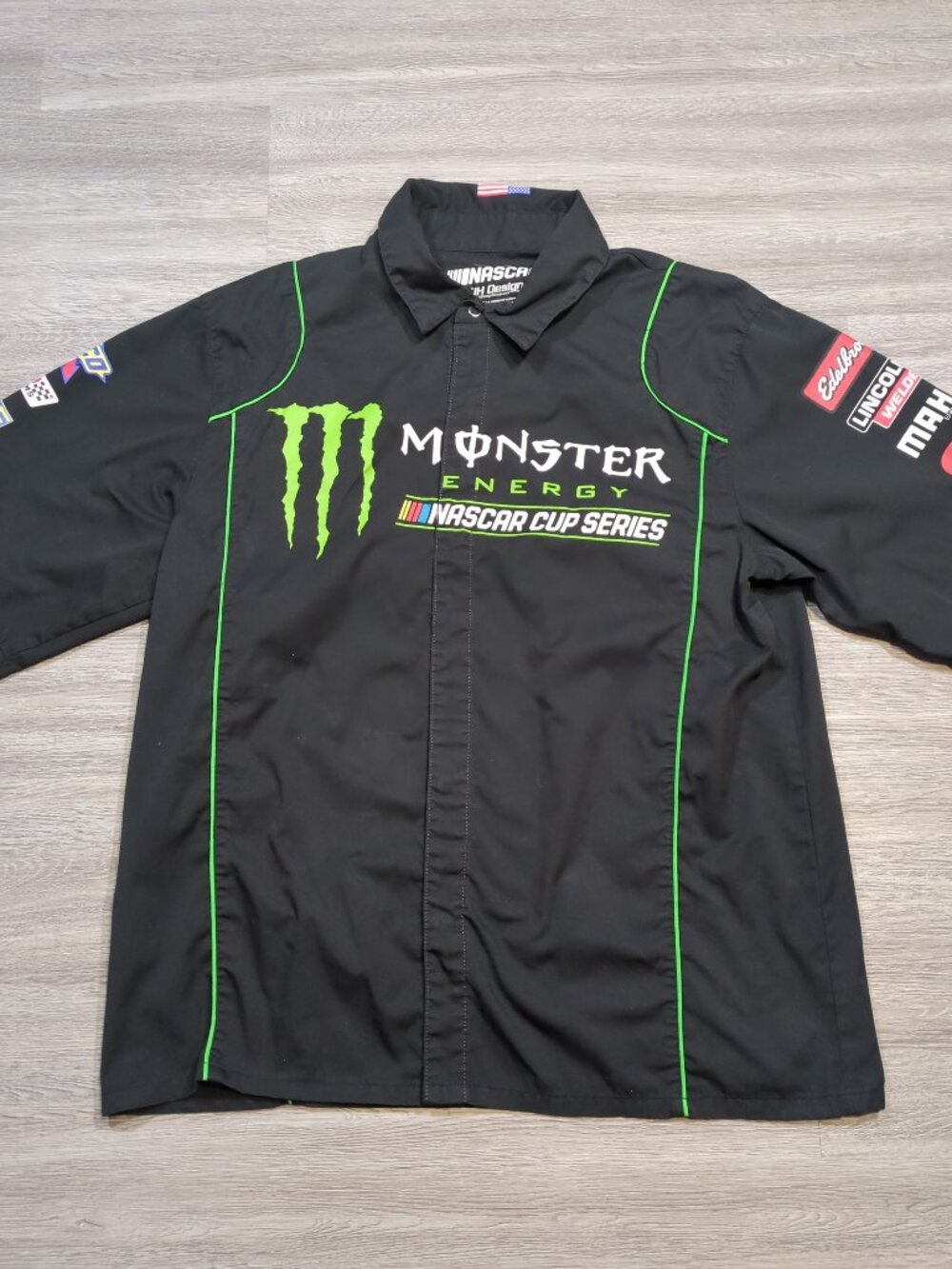JH Design Monster Energy Pit Crew Racing Shirt Men's Medium Black Button
